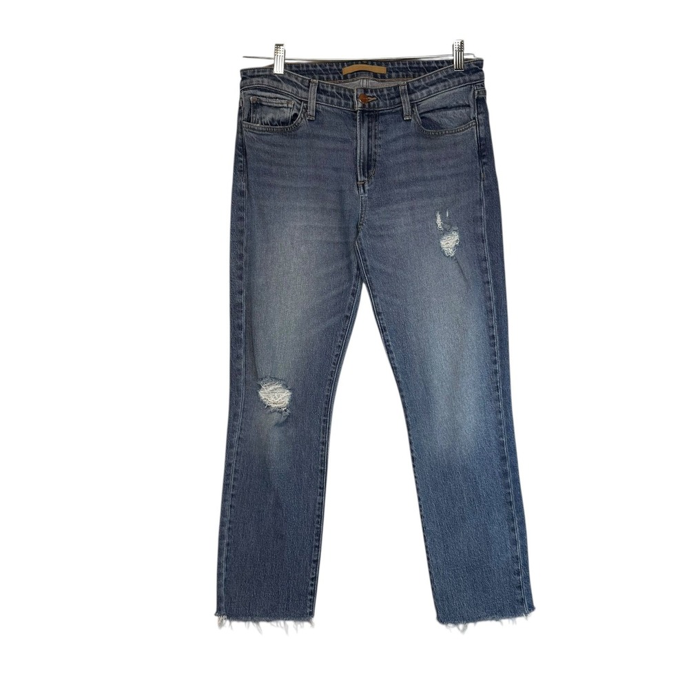 Joes Jeans The Lara Mid Rise Cigarette Ankle Jeans Distressed Raw Hem Blue 28
